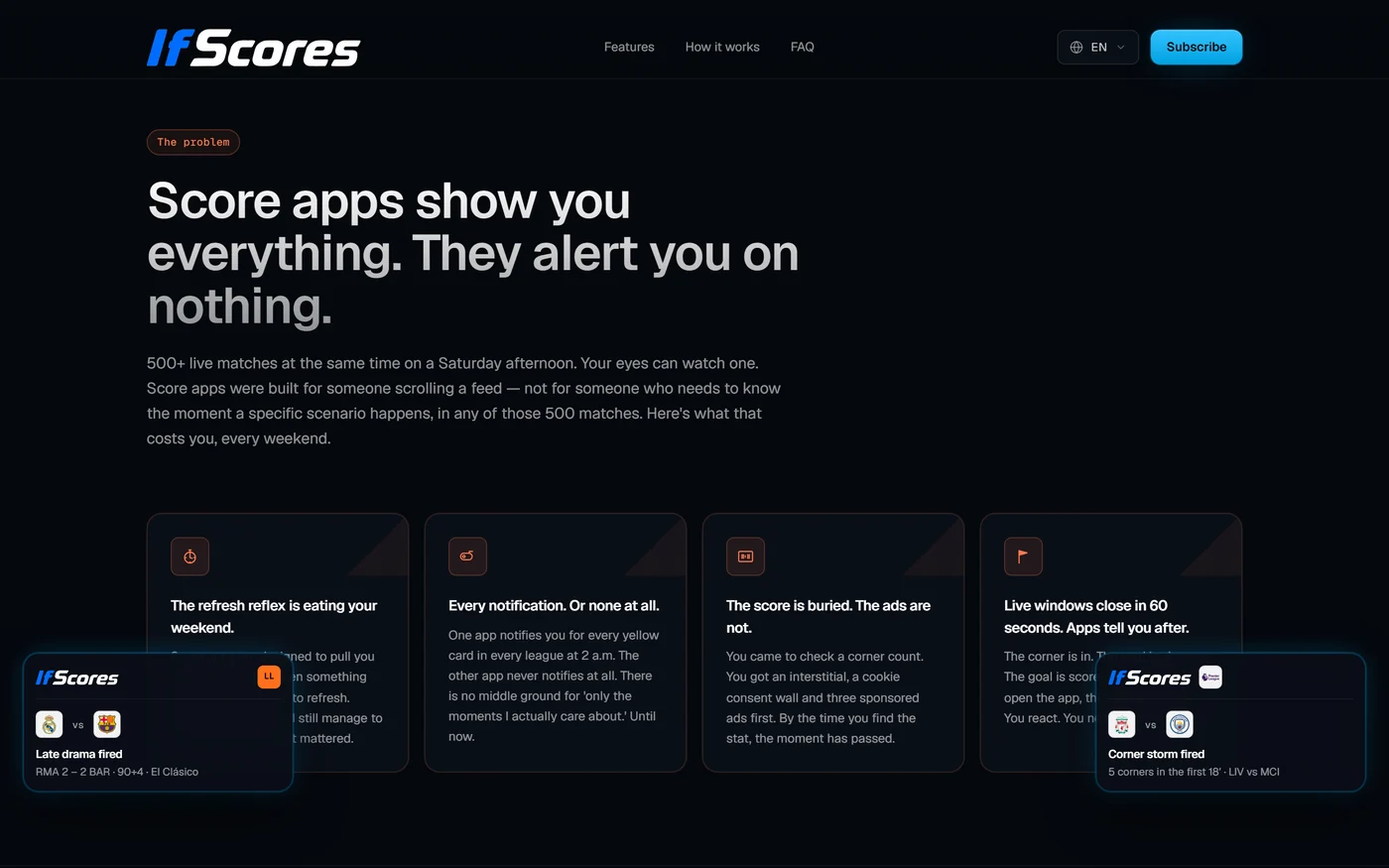 ifscores.com landing sayfasının problem bölümü; dört senaryo kartı ve canlı uyarı bildirimleri.