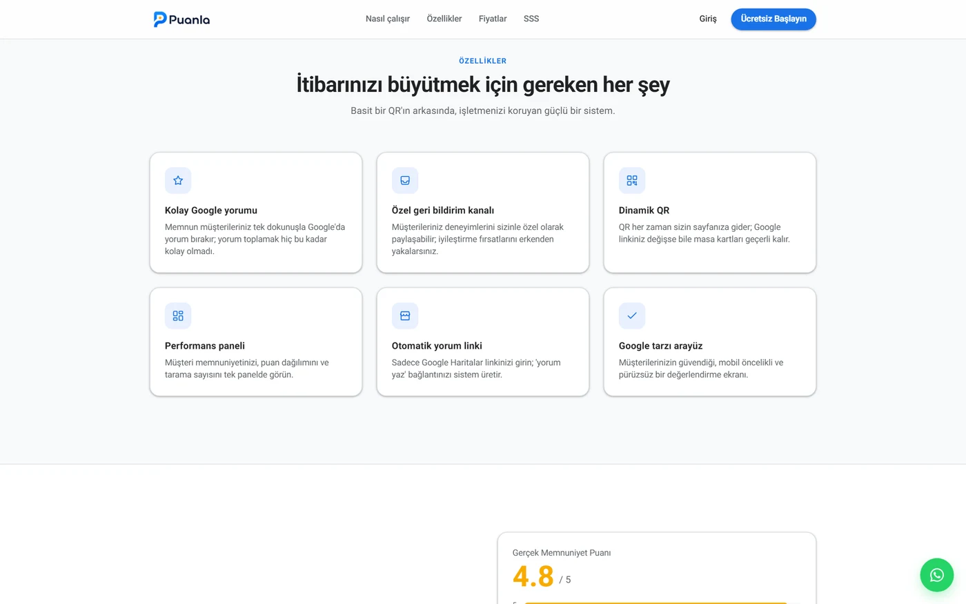 Logic Grid Studio tarafından kurulan Puanla web sitesi; Google tarzı arayüzü — beyaz, Roboto, #1a73e8 mavisi — müşteri deneyimini ölçüp Google yorumlarını büyütme vaadini taşıyan hero'yu, üç adımlı QR akışını ve ücretsiz kayıt çağrısını gösteriyor.